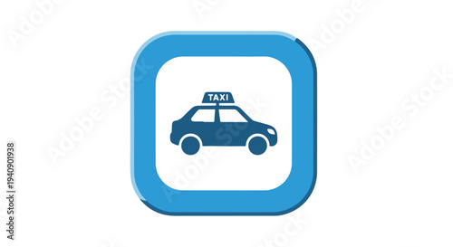 A blue taxi icon on a white background with a blue border, symbolizing transportation.
