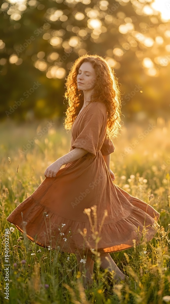 Fototapeta premium Young woman with curly red hair in brown dress dancing in meadow at golden hour sunset with warm bokeh light filtering through trees creating dreamy atmosphere.
