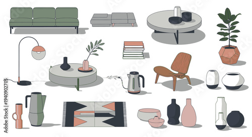 modern minimalist home decor and furniture collection isolated on white featuring various pieces for contemporary interior design.
