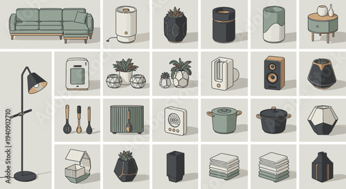 modern minimalist home decor and household objects collection in a stylish grid ideal for interior design and lifestyle concepts