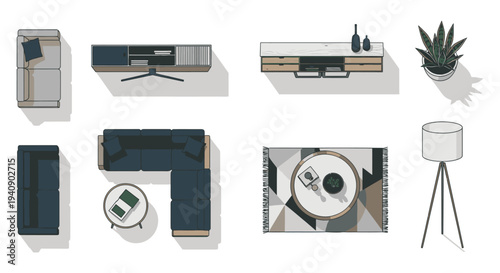 overhead view of minimalist living room furniture pieces and decor for contemporary interior design plans