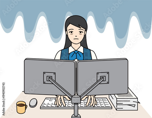 疲労困憊で作業が行き詰まる制服姿の女性のイラスト