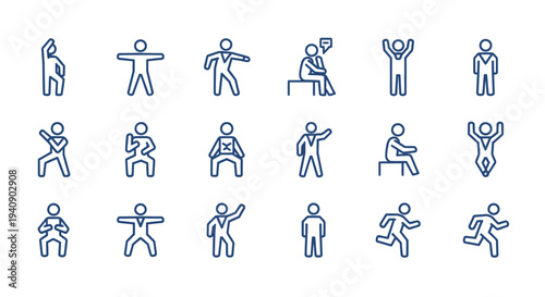 minimalist stick figure line art icons depicting diverse human poses actions and emotions on a white background