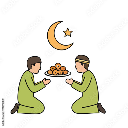 Two Men Sharing Dates During Ramadan.