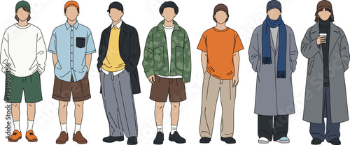 Casual Young People Fashion Outfit Collection Modern Streetwear Men and Women Clothing Vector Illustration Set