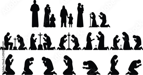 Christian Prayer Silhouettes Collection People Kneeling and Praying with Cross Religious Worship Vector Set