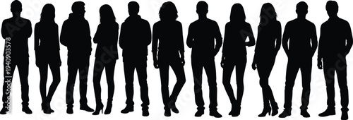 Group of People Silhouettes Men and Women Standing Together Casual Crowd Vector Illustration Set