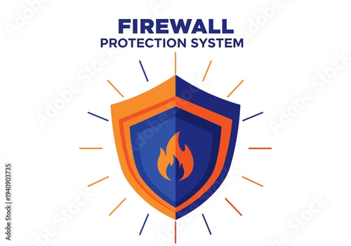 A shield illustration blueorange with a flame inside Firewall Protection System text above