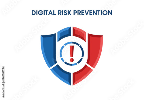 A shield illustration with blue and red segments surrounds an exclamation point icon The text DIGITAL RISK PREVENTION is above Free Download A shield illustration with blue and red segments surrounds an exclamation point icon The text DIGITAL RISK PREVENTION is above - GFXLoad