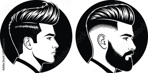 Men Hairstyle and Beard Profile Icons Modern Male Haircut Barber Vector Illustration Set