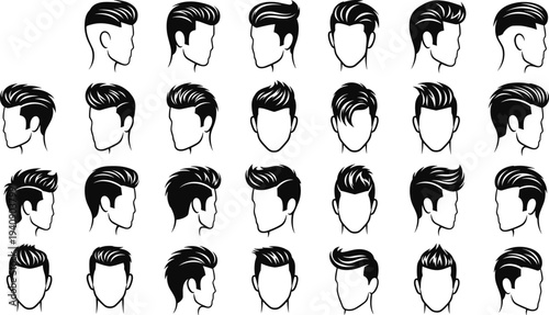 Men Hairstyle Silhouette Collection Modern Male Haircut Styles Front and Side View Vector Set