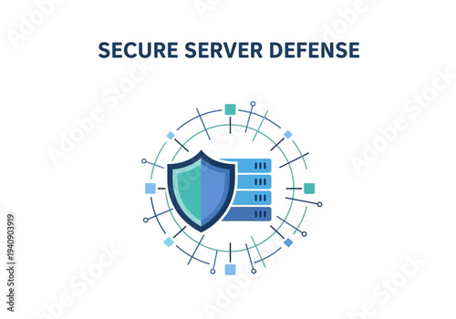 Illustration featuring text SECURE SERVER DEFENSE and a shield over server graphics
