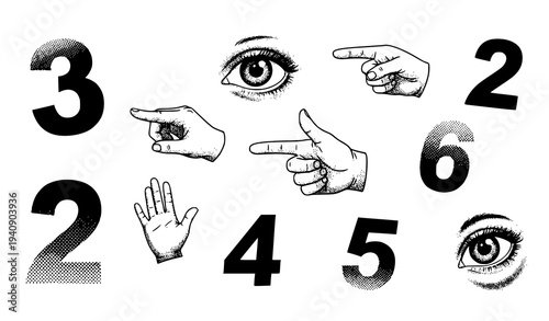 Retro Y2K collage elements with halftone dotted eyes hands and numbers for vintage sale poster design vector