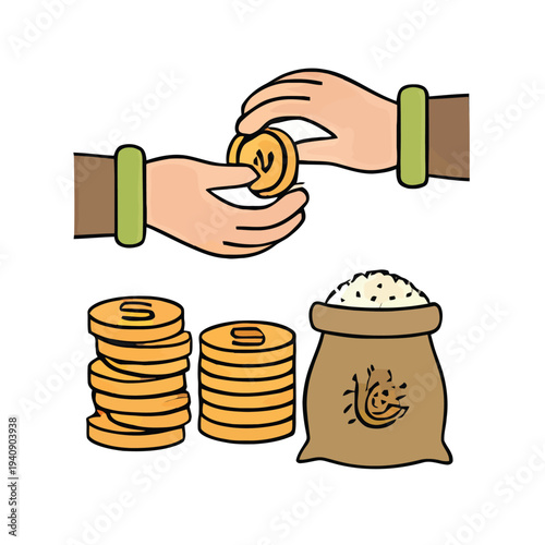 Hands Exchanging Coin with Stacks of Coins.