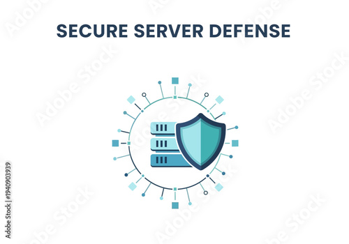 Secure Server Defense text over a shield icon protecting server racks inside a network circle on a white background