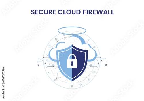 Secure Cloud Firewall title above a shieldshaped lock with cloud and circuit illustrations