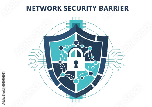 Shield with a lock inside surrounded by circuitlike designs and text above Network Security Barrier