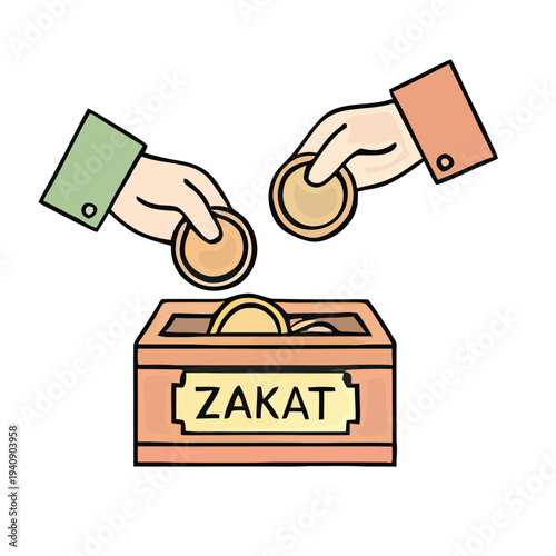 Hands Putting Coins into Zakat Box.