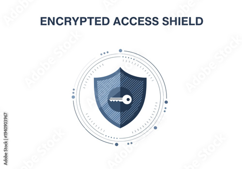 Text ENCRYPTED ACCESS SHIELD over a shield with a key icon surrounded by circles and dots