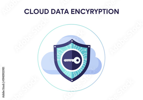 The image displays text CLOUD DATA ENCRYPTION above a shield with a key graphic surrounded by a cloud illustration within a circle