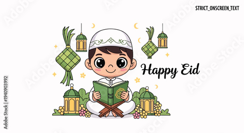 Eid Mubarak Greeting with Happy Muslim Boy Reading Quran