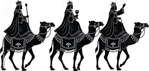 Three Wise Men on Camels Silhouette Nativity Scene Biblical Magi Journey Christmas Vector Illustration