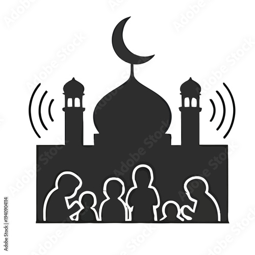 Mosque Silhouette with Crescent Moon and People.