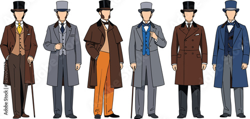 Victorian Gentlemen Fashion Collection Vintage Men Clothing Top Hat Coat Vector Illustration Set