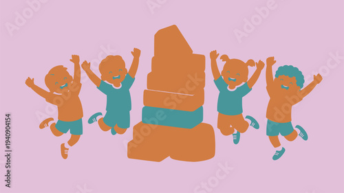 Happy Children Playing Building Blocks