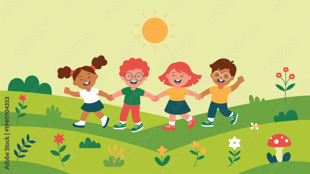 Fototapeta premium Happy children walking nature friendship