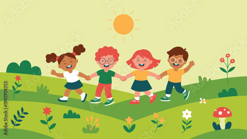 Happy children walking nature friendship