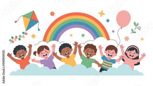 Happy diverse children rainbow clouds