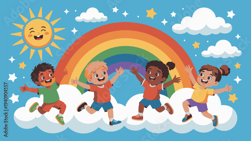 Happy diverse kids jumping clouds
