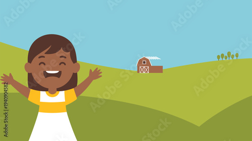 Happy Girl Farm Field Vector