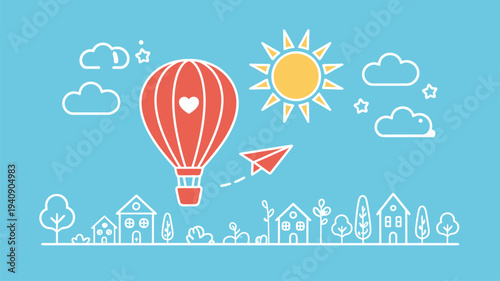 Hot air balloon houses line art