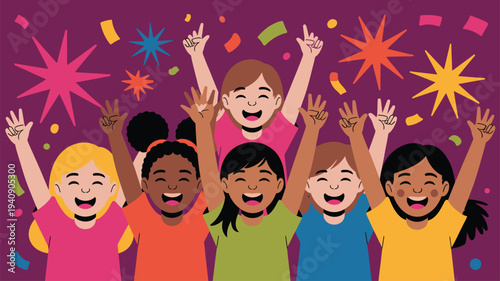 Kids celebrating diverse group raised hands