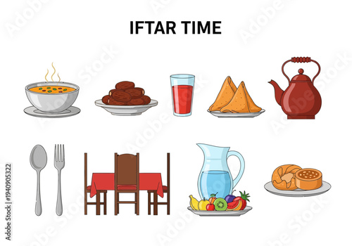 Cartoon illustration of various foods and dining items for Iftar time