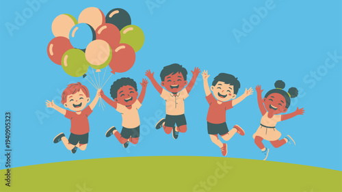 Happy Children Jumping Balloons Celebration