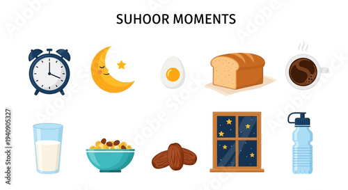 Illustrations depicting items and times related to the predawn meal Suhoor in Islam