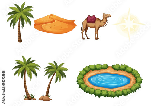 Desert scene elements palm trees sand dune camel bright star and oasis