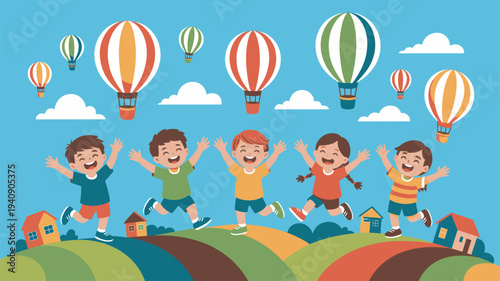 Happy children jumping hot air balloons
