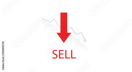 Red sell button with downward arrow on stock market graph background