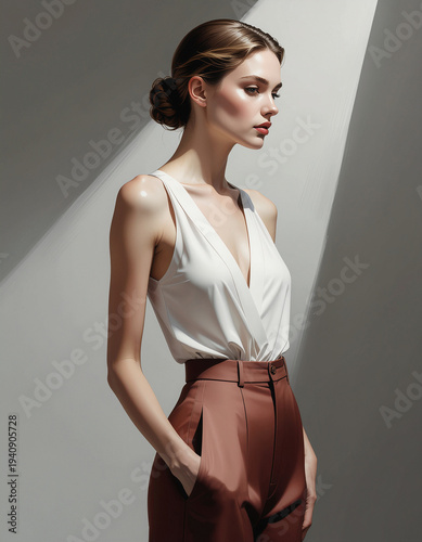 minimalist portrait of a poised figure in a white wrap top and rust‑toned trousers, shaped by angled light and clean architectural shadows