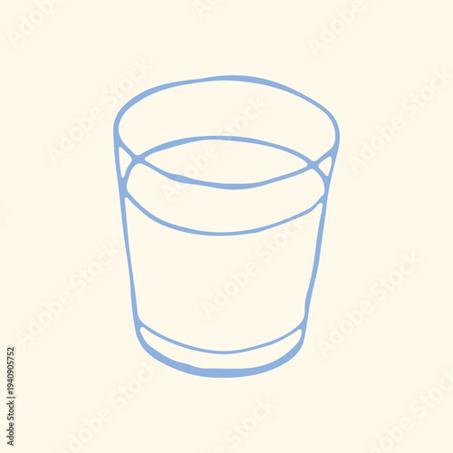 Hand drawn glass of water in minimalist blue line style. Simple transparent drinking glass vector perfect for hydration concepts, healthy lifestyle design, kitchen graphics, menus, packaging and icons