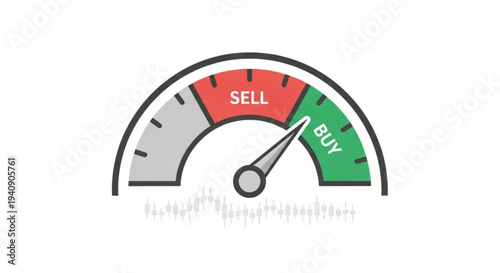 Stock market gauge with sell and buy zones gauge pointing to buy financial concept