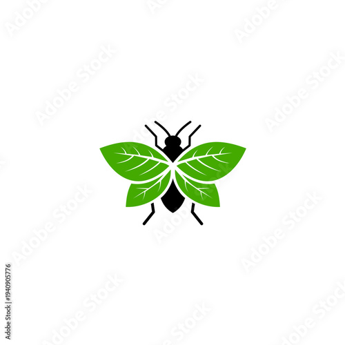 Creative eco insect logo with green leaves forming butterfly wings and ant body, modern vector illustration isolated on white background
