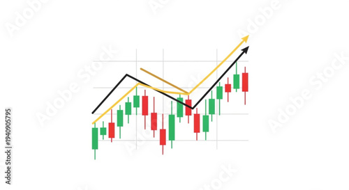Stock market chart with rising trend line and candlestick patterns on a grid background