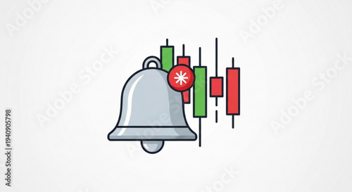 Stock market bell alert with red and green candlestick chart symbolizing trading and financial notification