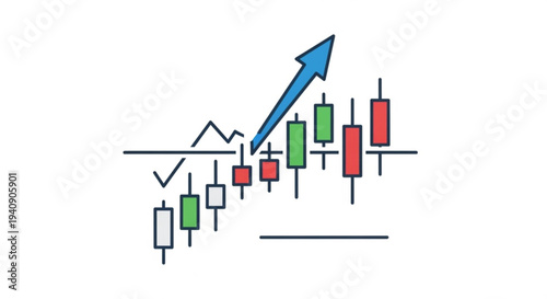 Bullish trend financial chart with rising candlestick pattern and blue arrow indicator on white background