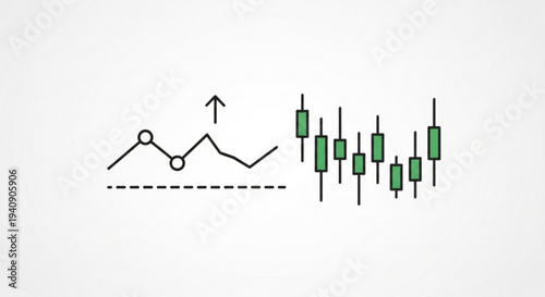 Bullish trend chart with rising line graph and green candlestick patterns on white background indicating positive market growth and financial success